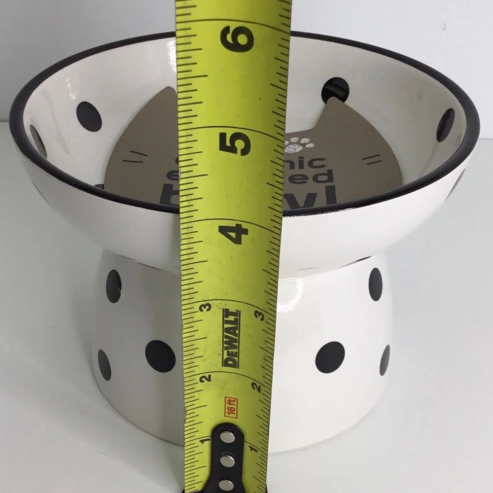 Elevated Cat Dish White & Black Ceramic Cat Bowl Raised With Dots New